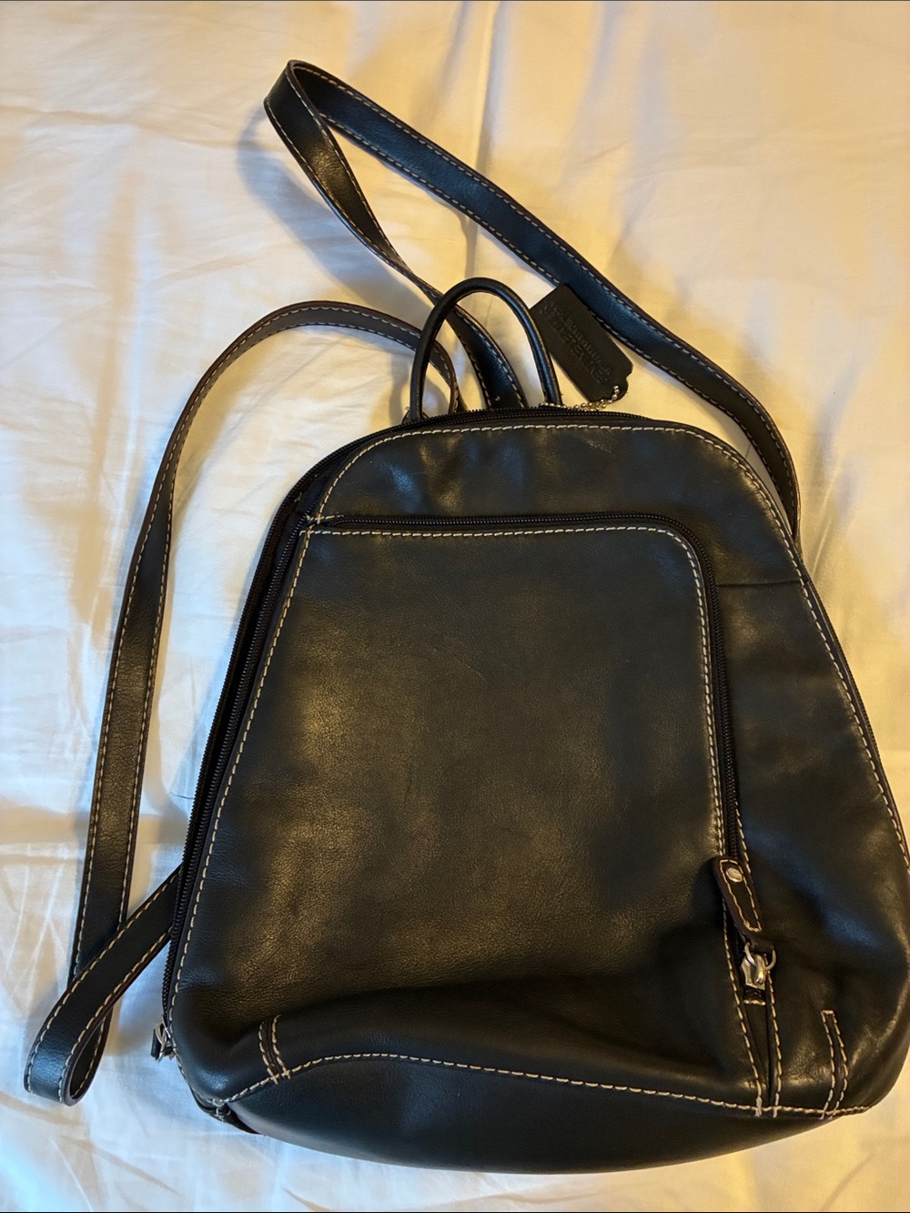 St. John's Bay Black Leather Backpack with White Stitching
